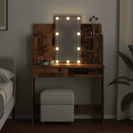 Penteadeira - Toucador com luzes LED 96x40x142 cm cor madeira velha