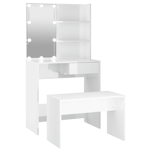 Conjunto Penteadeira - Toucador com LED madeira processada branco brilhante