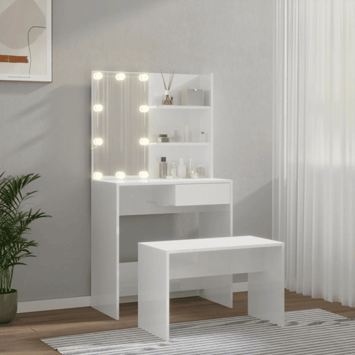 Conjunto Penteadeira - Toucador com LED madeira processada branco brilhante