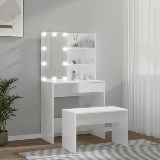 Conjunto Penteadeira - Toucador com LED madeira processada branco brilhante