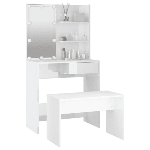 Conjunto Penteadeira - Toucador com LED madeira processada branco brilhante