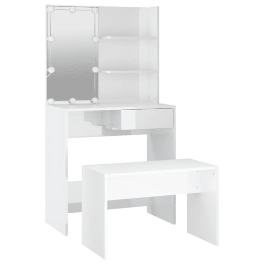 Conjunto Penteadeira - Toucador com LED madeira processada branco brilhante