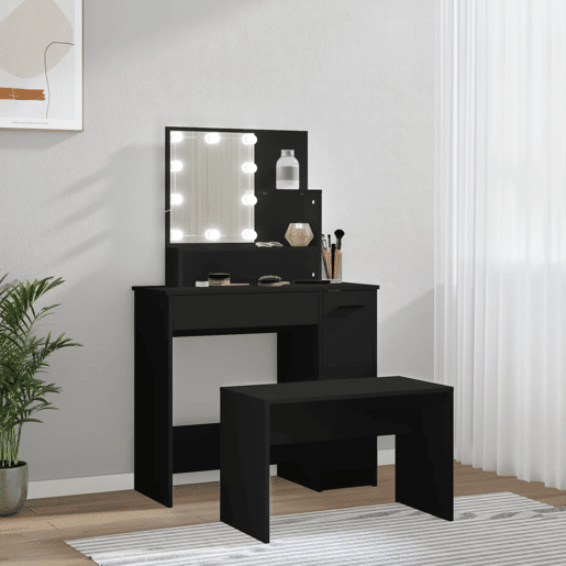 Conjunto de Penteadeira - Toucador com luzes LED derivados de madeira preto