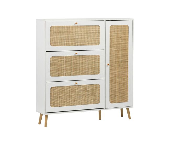 Zapatero de caña con 3 cajones estilo natural blanco roto - 120x24x125 cm