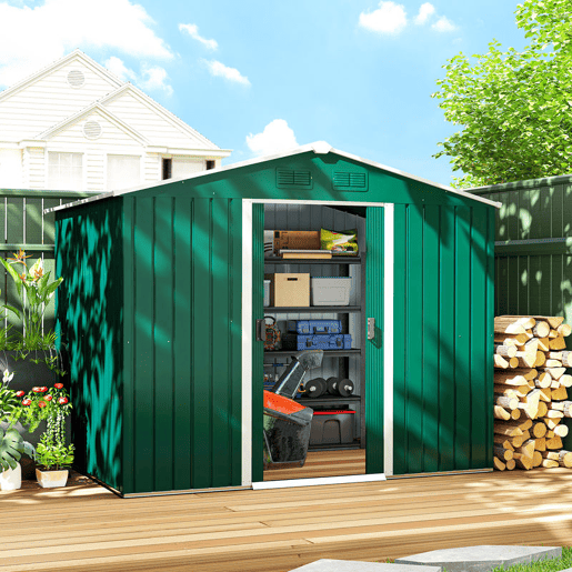 Outsunny Abrigo de Jardim de 3,6 m² 236x174x190 cm Abrigo de Exterior para Armazenamento de Ferramentas com Portas de Correr e 4 Janelas de Ventilação para Pátio Verde
