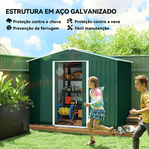 Outsunny Abrigo de Jardim de 3,6 m² 236x174x190 cm Abrigo de Exterior para Armazenamento de Ferramentas com Portas de Correr e 4 Janelas de Ventilação para Pátio Verde