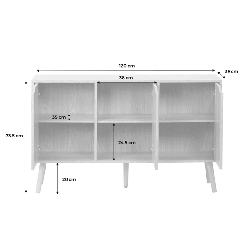 Aparador para arrumação com efeito de nogueira, 3 portas, 120cm, Nepal, Efeito freixo, 120x39x73.5 cm