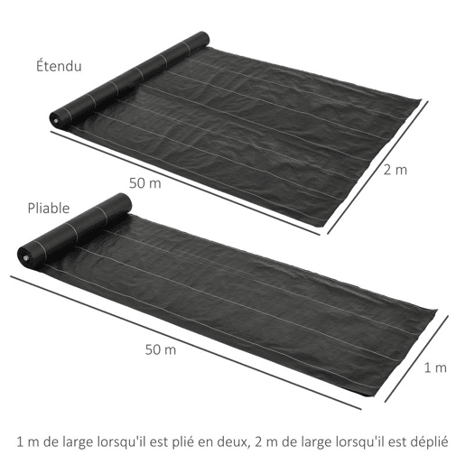 Outsunny Malha Geotêxtil 2x50 m Malha de jardim contra ervas daninhas 100 g  m² rolo de malha preto