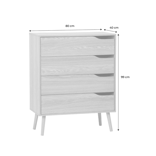 Cómoda em nogueira de 4 gavetas, Nepal, Efeito freixo, 80x40x99 cm