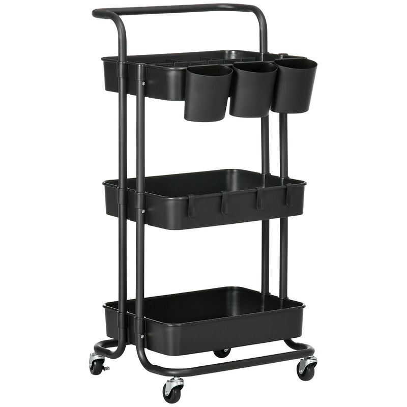 Homcom carrito auxiliar con ruedas de 3 niveles carrito de cocina con mango 3 cestas de malla y 3 cajas colgantes carro de almacenamiento para baño salón 42x38x86,5 cm negro