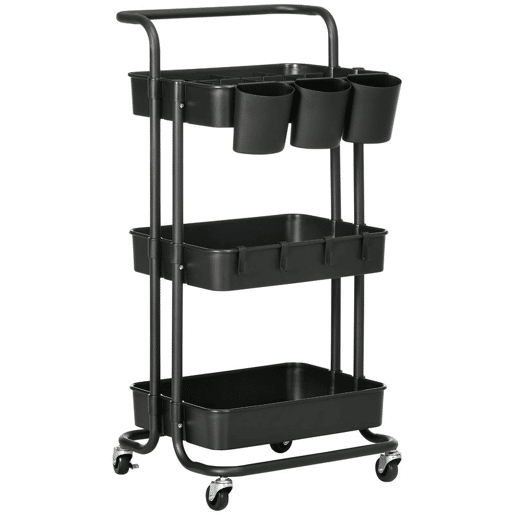 HOMCOM Carrinho de Cozinha de Aço Carrinho de Armazenamento com 4 Ganchos 3 Cestas Removíveis 3 Caixas Suspensas e Travões para Casa de Banho Sala de Estar Dormitório 42x38x86,5cm Preto