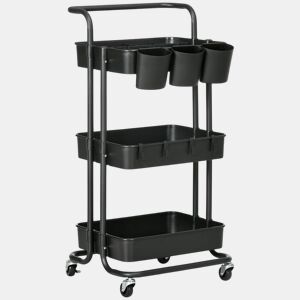 HOMCOM Carrinho de Cozinha de Aço Carrinho de Armazenamento com 4 Ganchos 3 Cestas Removíveis 3 Caixas Suspensas e Travões para Casa de Banho Sala de Estar Dormitório 42x38x86,5cm Preto