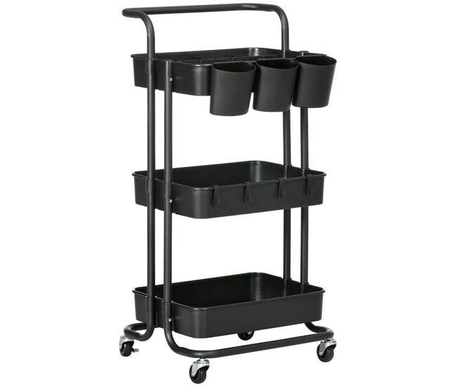 Homcom carrito auxiliar con ruedas de 3 niveles carrito de cocina con mango 3 cestas de malla y 3 cajas colgantes carro de almacenamiento para baño salón 42x38x86,5 cm negro