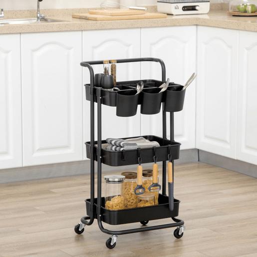 HOMCOM Carrinho de Cozinha de Aço Carrinho de Armazenamento com 4 Ganchos 3 Cestas Removíveis 3 Caixas Suspensas e Travões para Casa de Banho Sala de Estar Dormitório 42x38x86,5cm Preto