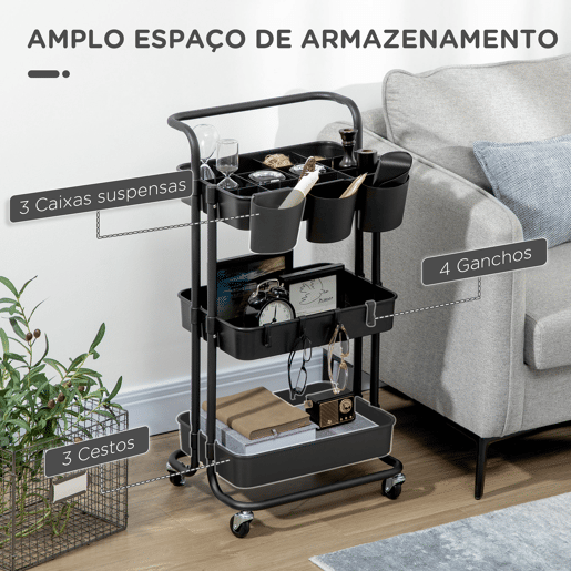 HOMCOM Carrinho de Cozinha de Aço Carrinho de Armazenamento com 4 Ganchos 3 Cestas Removíveis 3 Caixas Suspensas e Travões para Casa de Banho Sala de Estar Dormitório 42x38x86,5cm Preto