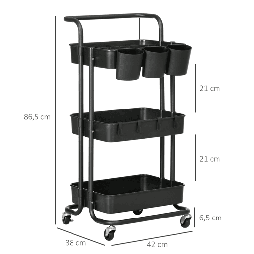 HOMCOM Carrinho de Cozinha de Aço Carrinho de Armazenamento com 4 Ganchos 3 Cestas Removíveis 3 Caixas Suspensas e Travões para Casa de Banho Sala de Estar Dormitório 42x38x86,5cm Preto