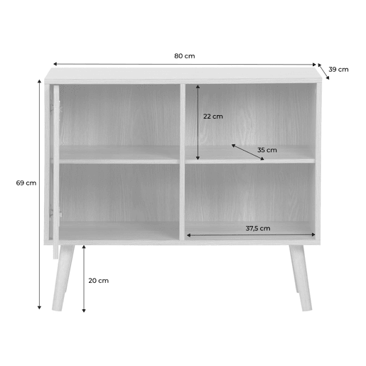 Aparador de arrumação com efeito de nogueira 1 porta, 2 prateleiras, 80cm, Nepal, Efeito freixo, 80x39x69 cm