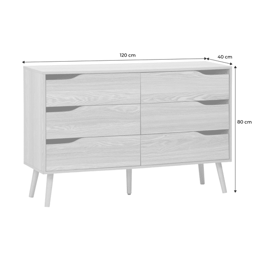 Cómoda em nogueira de 6 gavetas, Nepal, Efeito freixo, 120x40x80 cm