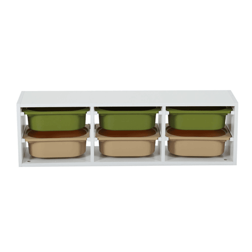 Móvel de armazenamento para criança com 6 caixas de armazenamento, Sora, Verde oliva, 97.5x21x29.4 cm