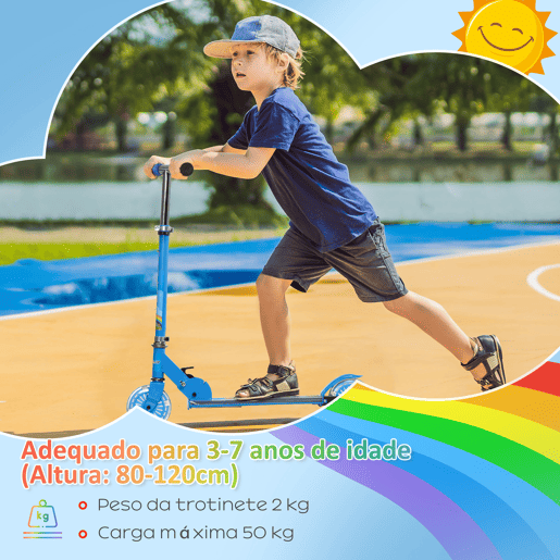 HOMCOM Trotinete para Crianças Dobrável Trotinete Infantil com Luzes e Música 4 Alturas Ajustável Rodas Brilhantes e Pedal LED para 3-7 Anos Carga 50 kg 67x32x65-78 cm Azul HOMCOM Trotinete para Crianças Dobrável Trotinete Infantil com Luzes e Música 4 Alturas Ajustável Rodas Brilhantes e Pedal LED para 3-7 Anos Carga 50 kg 67x32x65-78 cm Azul