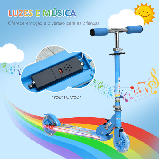HOMCOM Trotinete para Crianças Dobrável Trotinete Infantil com Luzes e Música 4 Alturas Ajustável Rodas Brilhantes e Pedal LED para 3-7 Anos Carga 50 kg 67x32x65-78 cm Azul HOMCOM Trotinete para Crianças Dobrável Trotinete Infantil com Luzes e Música 4 Alturas Ajustável Rodas Brilhantes e Pedal LED para 3-7 Anos Carga 50 kg 67x32x65-78 cm Azul