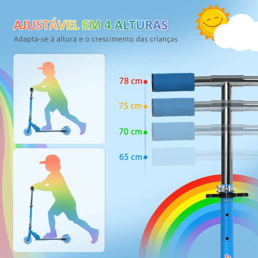 HOMCOM Trotinete para Crianças Dobrável Trotinete Infantil com Luzes e Música 4 Alturas Ajustável Rodas Brilhantes e Pedal LED para 3-7 Anos Carga 50 kg 67x32x65-78 cm Azul HOMCOM Trotinete para Crianças Dobrável Trotinete Infantil com Luzes e Música 4 Alturas Ajustável Rodas Brilhantes e Pedal LED para 3-7 Anos Carga 50 kg 67x32x65-78 cm Azul