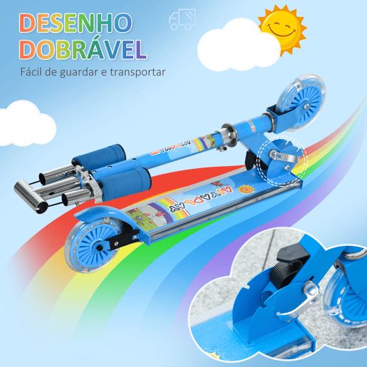 HOMCOM Trotinete para Crianças Dobrável Trotinete Infantil com Luzes e Música 4 Alturas Ajustável Rodas Brilhantes e Pedal LED para 3-7 Anos Carga 50 kg 67x32x65-78 cm Azul HOMCOM Trotinete para Crianças Dobrável Trotinete Infantil com Luzes e Música 4 Alturas Ajustável Rodas Brilhantes e Pedal LED para 3-7 Anos Carga 50 kg 67x32x65-78 cm Azul