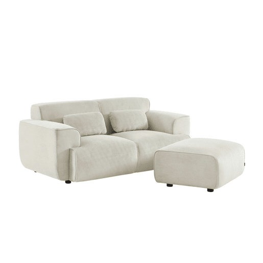 Pufe, apoio para pés para sofá veludo canelado de 2 lugares, Wallas veludo, Creme, 76x70x41 cm