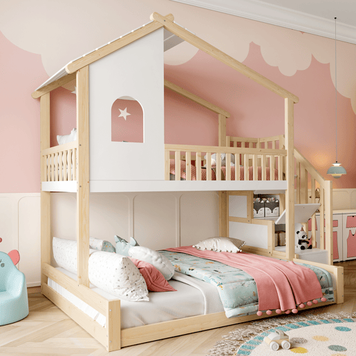 Litera 90x200cm+140x200cm - com barreira de cama, escada com arrumação, janela e design de casinha - natural e branco