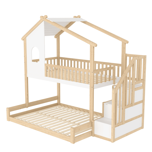 Litera 90x200cm+140x200cm - com barreira de cama, escada com arrumação, janela e design de casinha - natural e branco