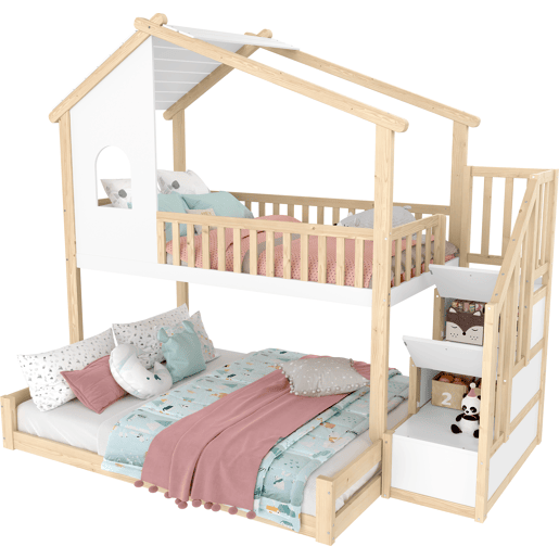 Litera 90x200cm+140x200cm - com barreira de cama, escada com arrumação, janela e design de casinha - natural e branco