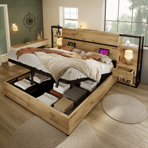 Cama de casal de mdf e metal 180x200cm com armazenamento,carvalho