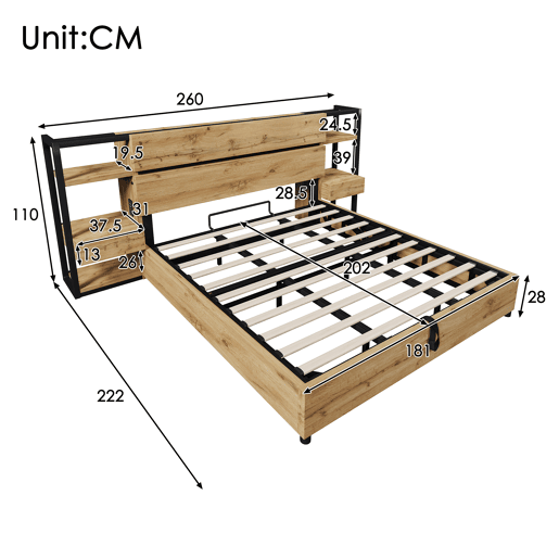 Cama de casal de mdf e metal 180x200cm com armazenamento,carvalho