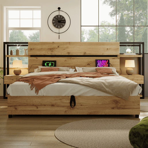 Cama de casal de mdf e metal 180x200cm com armazenamento,carvalho