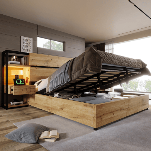 Cama de casal de mdf e metal 180x200cm com armazenamento,carvalho