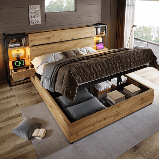 Cama de casal de mdf e metal 180x200cm com armazenamento,carvalho