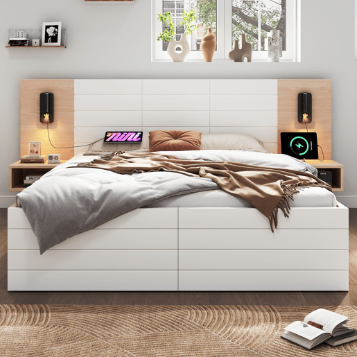 Cama de casal de madeira maciça 140x200cm com 2 gavetas,branco+carvalho