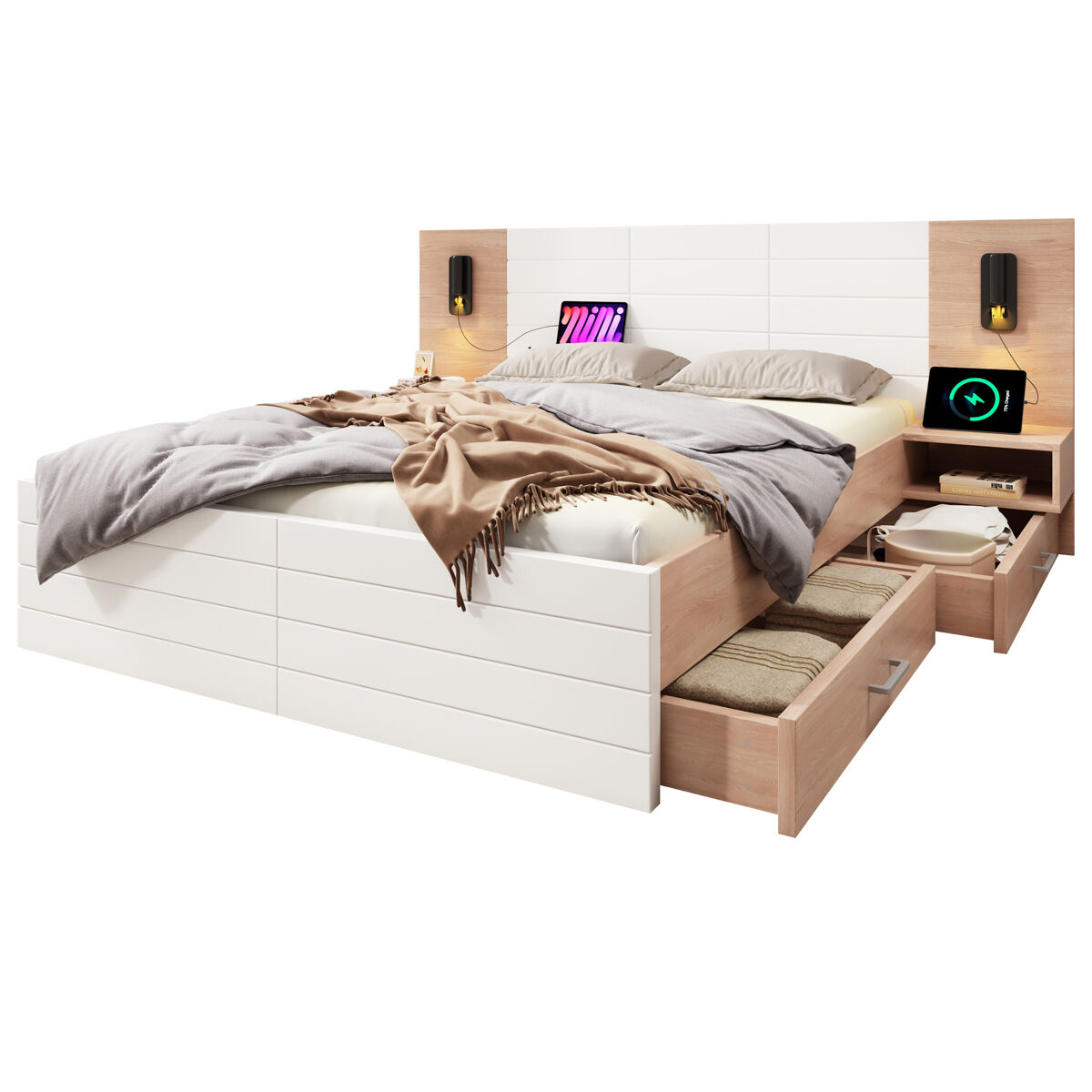 Cama de matrimonio de madera maciza con 2 cajónes 235x207