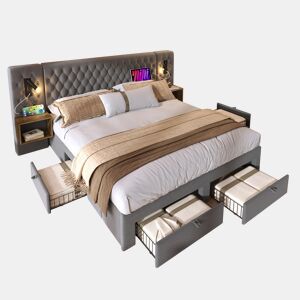 Cama de casal de veludo 160x200cm com 4 gavetas,cinzento