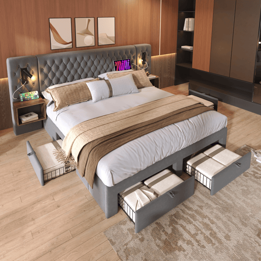 Cama de casal de veludo 160x200cm com 4 gavetas,cinzento