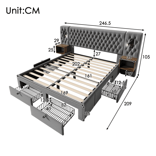 Cama de casal de veludo 160x200cm com 4 gavetas,cinzento