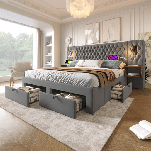 Cama de casal de veludo 160x200cm com 4 gavetas,cinzento