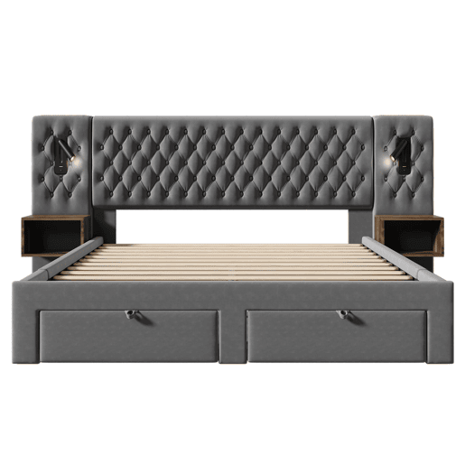 Cama de casal de veludo 160x200cm com 4 gavetas,cinzento