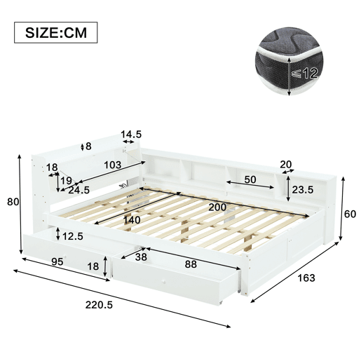 Cama juvenile,cama de solteiro de madeira de pinho 140x200cm com 2 gavetas,branco