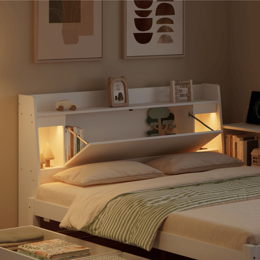Cama juvenile,cama de solteiro de madeira de pinho 140x200cm com 2 gavetas,branco