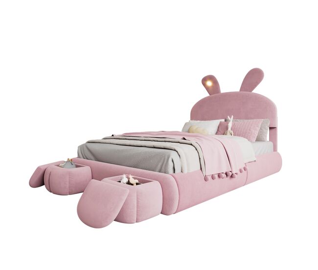 Cama infantil,cama de matrimonio de terciopelo 140x200cm con almacenaje y luz led,rosa