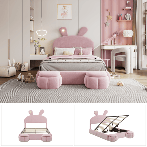 Cama de criança,cama de casal de veludo 140x200cm com armazenamento e luz led,rosa