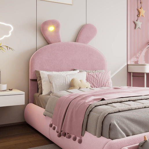Cama de criança,cama de casal de veludo 140x200cm com armazenamento e luz led,rosa