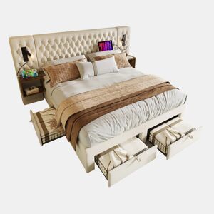 Cama de casal de veludo 160x200cm com 4 gavetas,bege