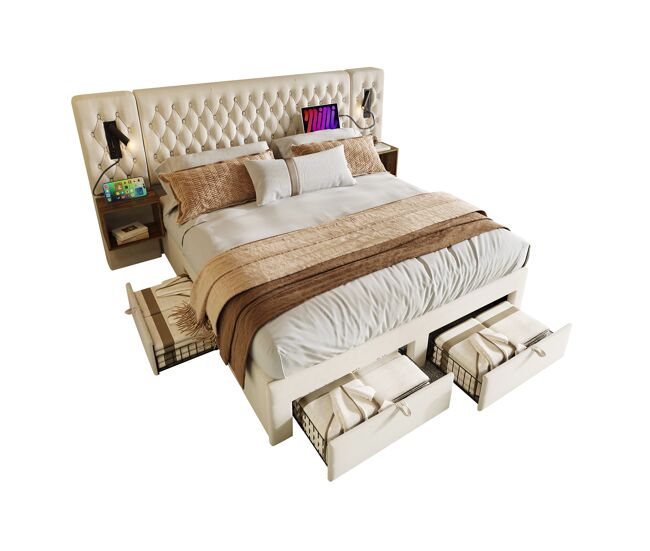 Cama de matrimonio de terciopelo 160x200cm con 4 cajones,beige